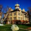 Lewistown, Montana Courthouse and 'founding rock monument'.